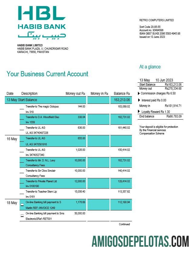 Em branco Extrato de conta da empresa bancária HBL modelo Word e PDF